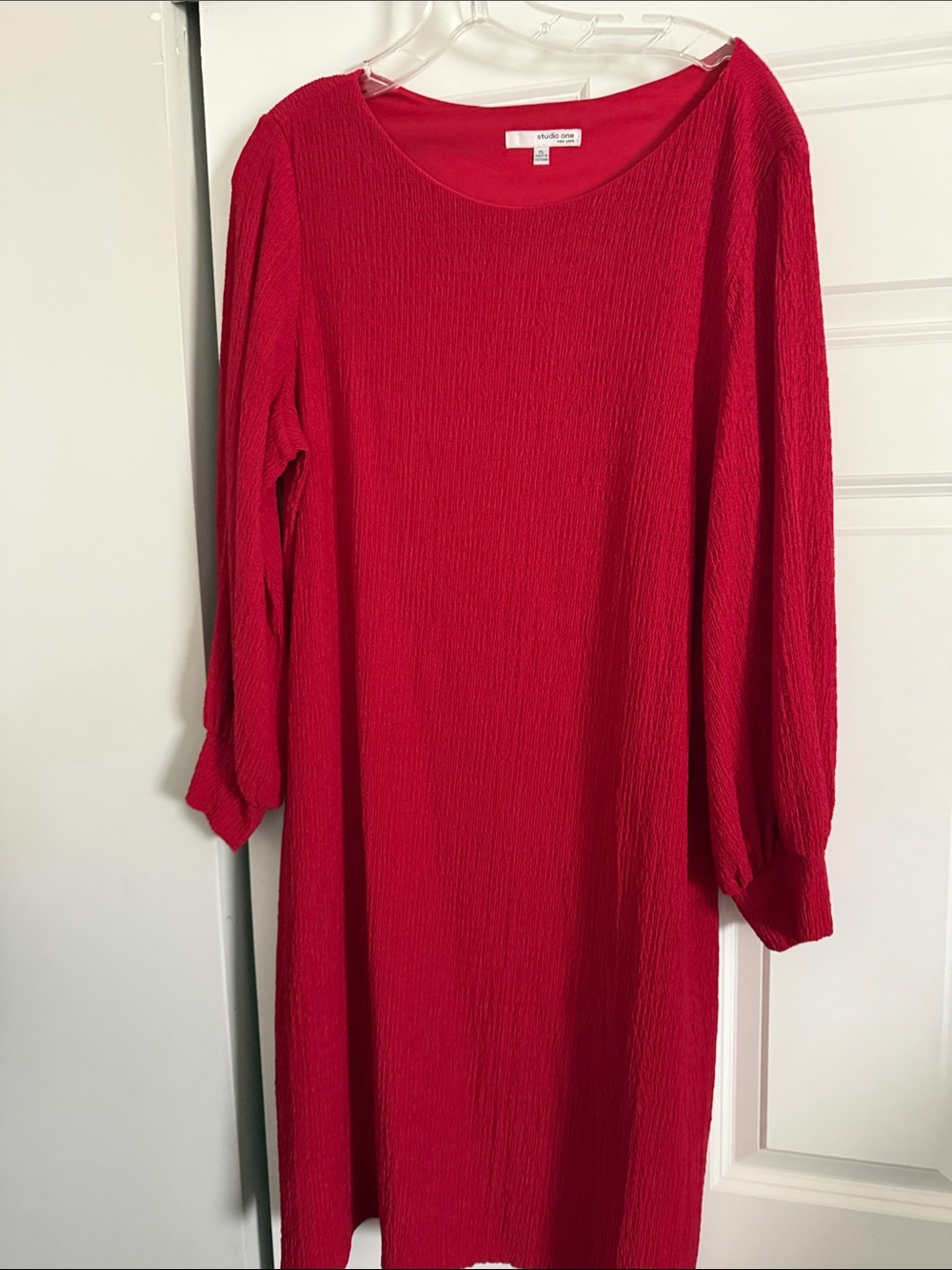 Studio One Red Textured Long Sleeve Shift Dress